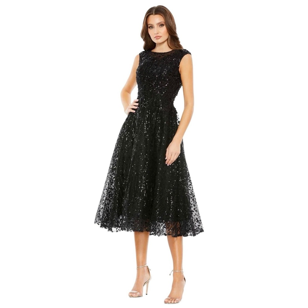 Mac Duggal A20398 Black Floral Embroidered Sequin Midi Dress Size 8 $498